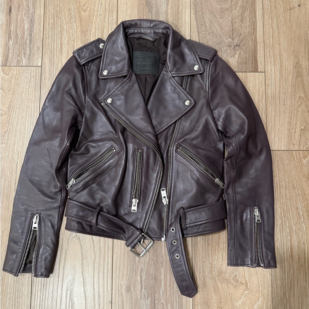 All Saints burgundy wine color biker leather jacket